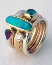 'Stacking Ring with Opal' in mixed metals with long oval crystal Opal